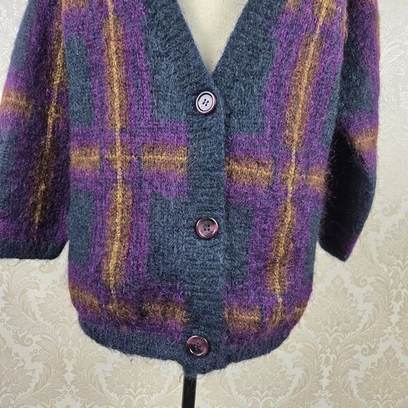 Ellen Tracy Size Small Oversized Vneck Button Front Cardigan Plaid Mohair Blend - Picture 2 of 12
